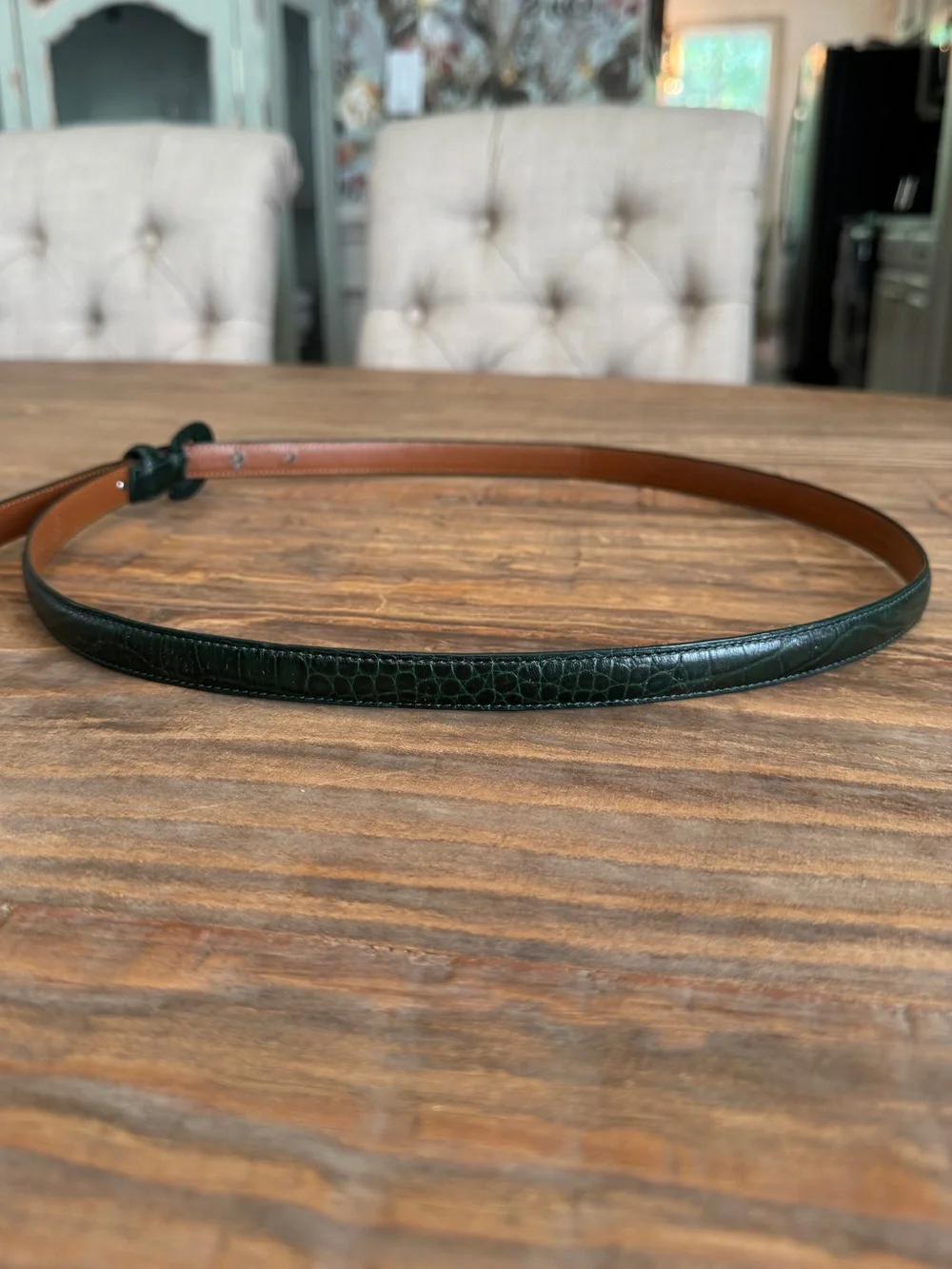 Vintage Lauren Ralph Lauren Dark Forest Green Croc Embossed Thin Belt Sz L 36